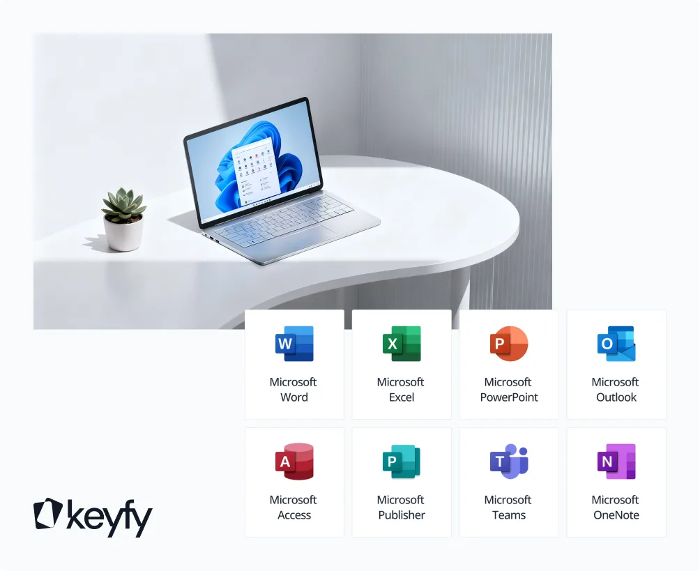 A laptop on a white table next to a small potted plant. Below are icons for Microsoft Office apps, including Word, Excel, PowerPoint, Outlook, Access, Publisher, Teams, and OneNote. The Keyfy logo is in the corner.