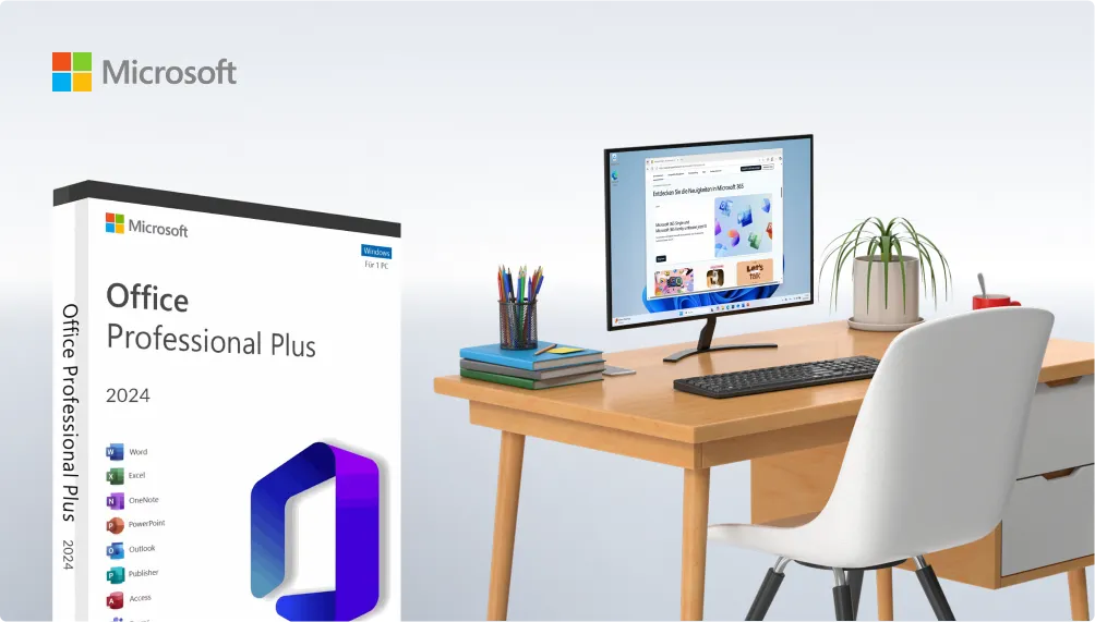 A computer desk setup with a monitor, keyboard, plant, and books. To the left is a digital render of a Microsoft Office Professional Plus 2024 software box. The Microsoft logo is in the top left corner.