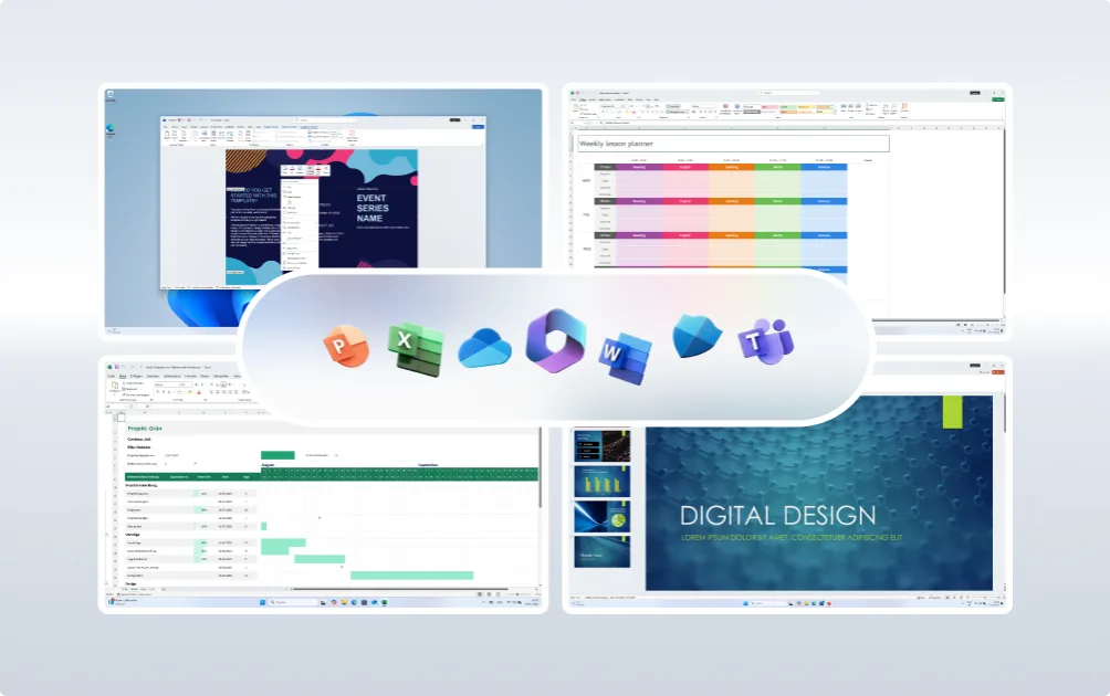 A collage showing screenshots of Microsoft Office apps—PowerPoint, Excel, Word, and Teams—surrounding the icons for these apps in the center. The Excel files display charts and tables, and the PowerPoint shows a digital design slide.