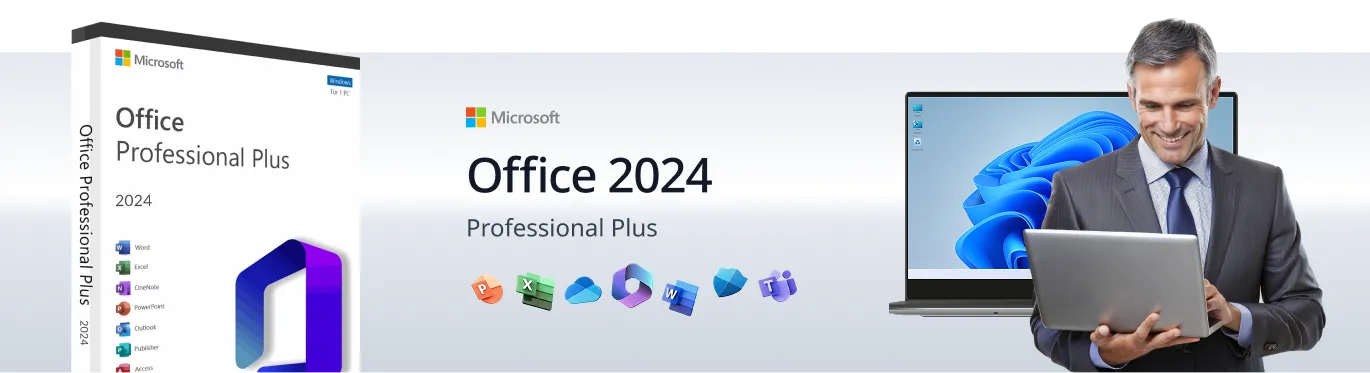 A man in a suit smiles while using a laptop. Next to him are a Microsoft Office Professional Plus 2024 box, Office 2024 text, and colorful app icons on a gradient background. A laptop screen shows a blue abstract wallpaper.