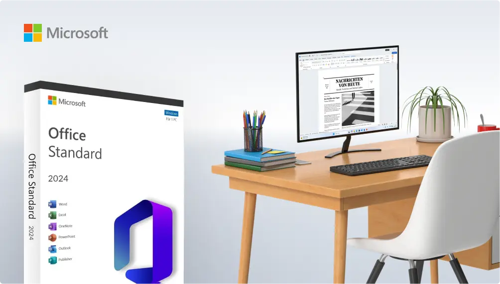 A computer desk with a monitor displaying a Microsoft Word document, books, a keyboard, mouse, and a cup. In the foreground, a Microsoft Office Standard 2024 software box is shown on the left. The Microsoft logo appears above.