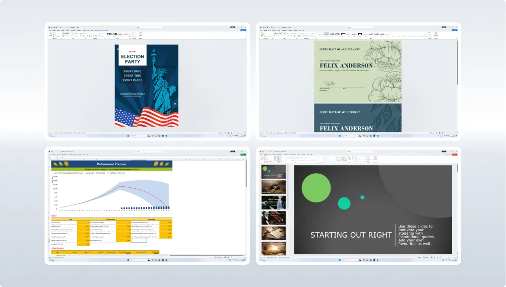 Four computer screens display different types of documents: an election party flyer, a formal certificate, a spreadsheet with a chart, and a slide presentation titled STARTING OUT RIGHT.