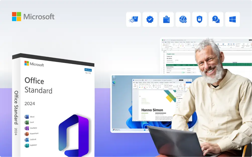 Smiling older man using a laptop, with Microsoft Office Standard 2024 software box and screenshots of Office applications in the background, along with Microsoft and Office app icons at the top.