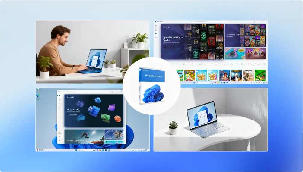 A collage showing people using Windows laptops, with screenshots of the Windows 11 interface, gaming apps, and productivity tools on different screens, all against a blue gradient background.