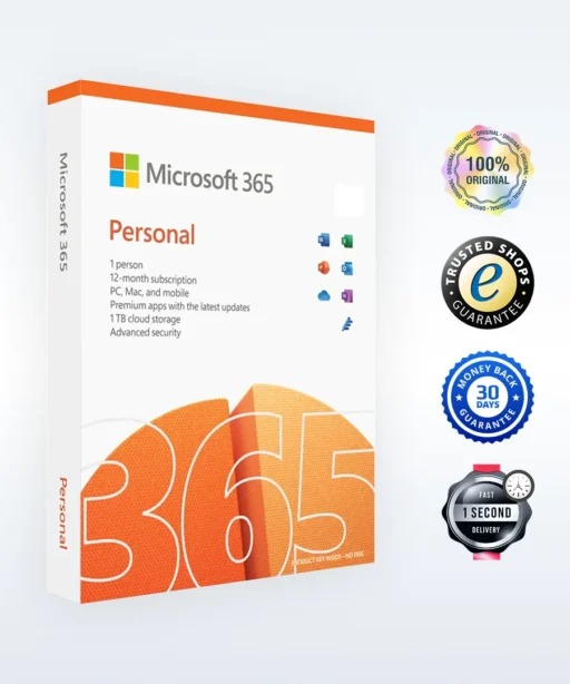 A Microsoft 365 Personal software box is shown on the left, with four guarantee and quality badges aligned vertically on the right, featuring icons for originality, trust, money-back guarantee, and fast delivery.