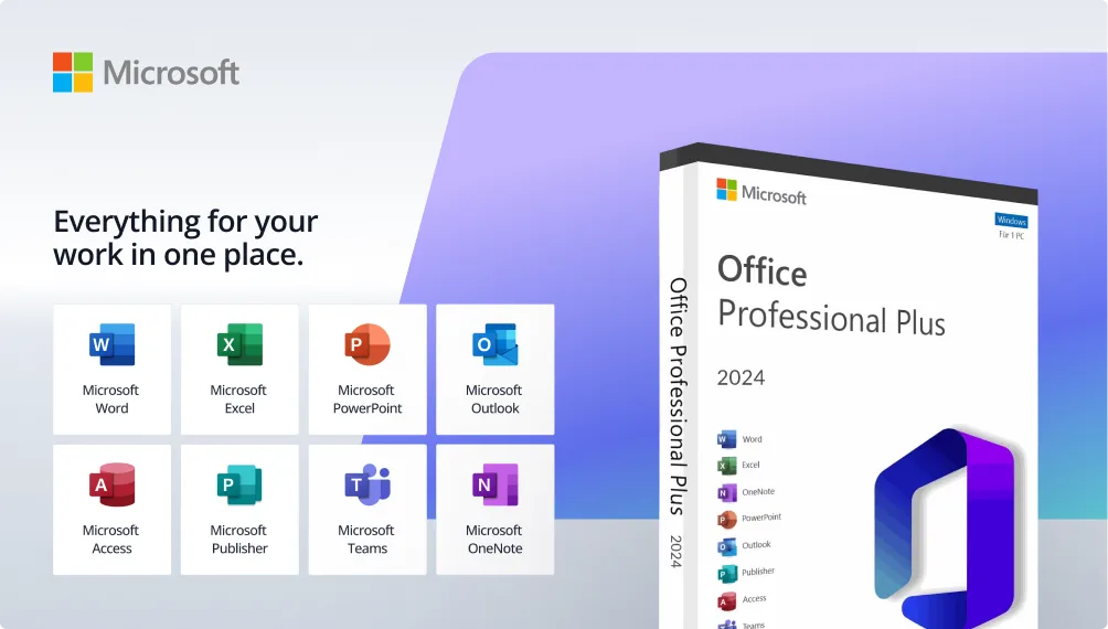 A promotional image for Microsoft Office Professional Plus 2024 shows the software box and icons for Word, Excel, PowerPoint, Outlook, Access, Publisher, Teams, and OneNote, with the text “Everything for your work in one place.”.
