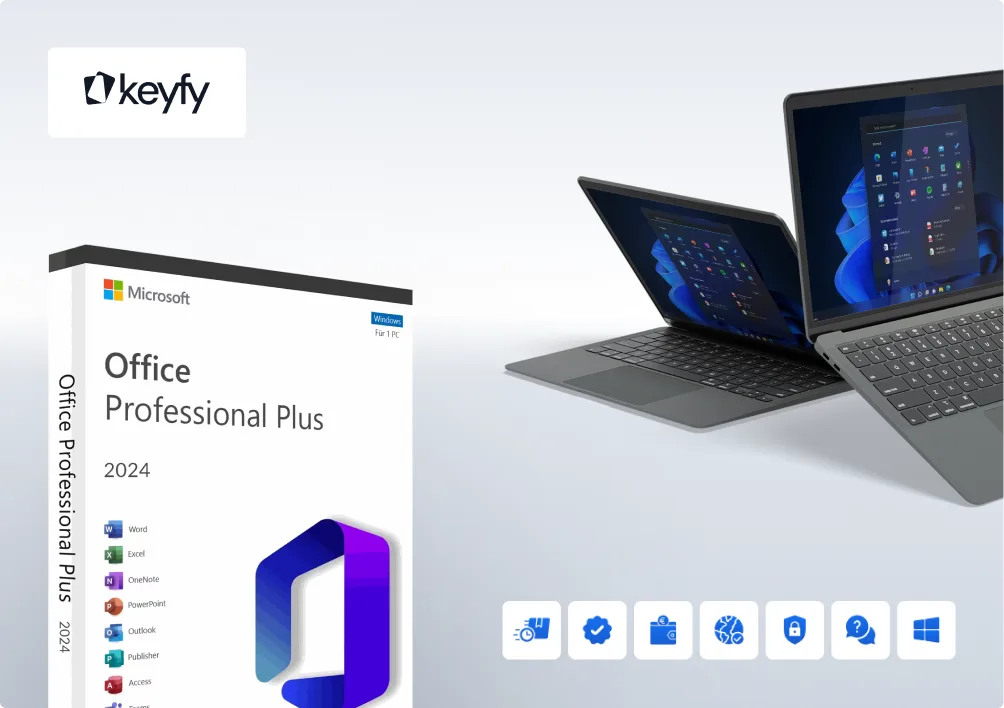 A box for Microsoft Office Professional Plus 2024 is shown next to two open laptops displaying the Windows 11 desktop. Icons for Word, Excel, PowerPoint, Outlook, OneNote, Publisher, and Access appear at the bottom.
