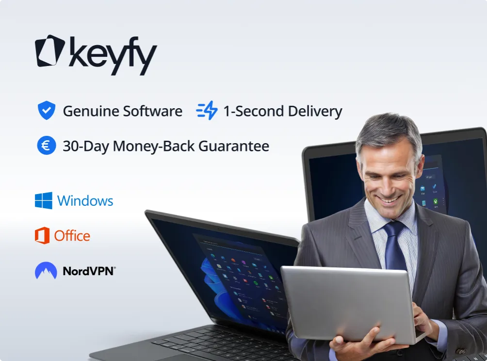 A smiling man in a suit holds a laptop, standing in front of two large laptops. Text lists keyfy, Genuine Software, 1-Second Delivery, 30-Day Money-Back Guarantee, and logos for Windows, Office, and NordVPN.