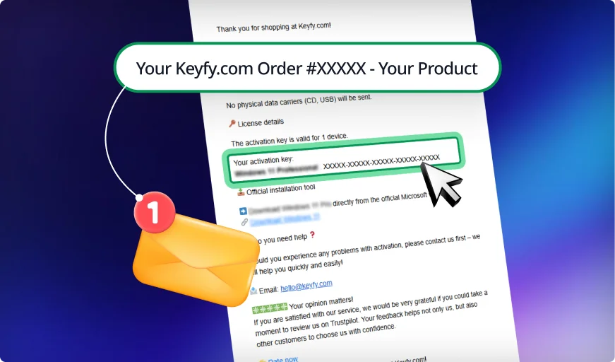 A confirmation email from Keyfy.com displays an order summary with an activation key, a yellow envelope icon, and a notification badge on a blue and purple gradient background.