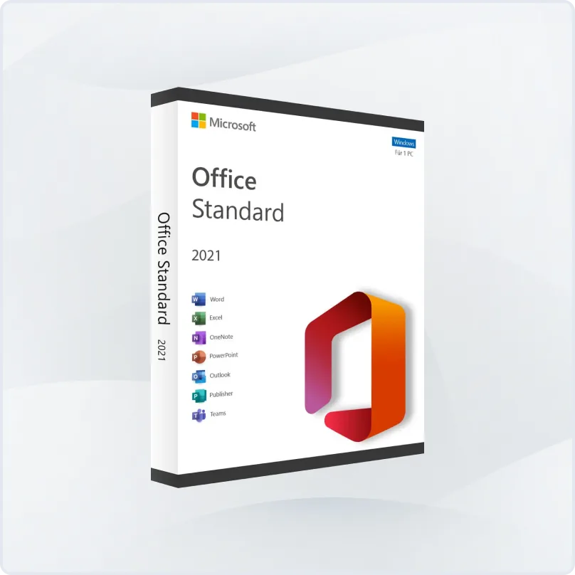 A Microsoft Office Standard 2021 software box for PC, featuring the Office logo and icons for Word, Excel, OneNote, PowerPoint, Outlook, Publisher, and Teams on a white background.