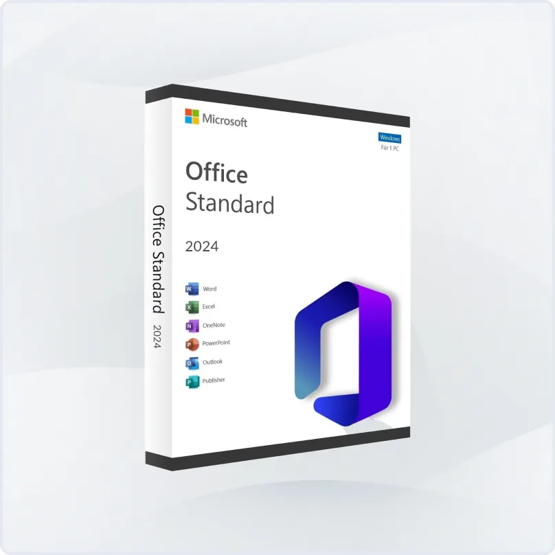A retail box for Microsoft Office Standard 2024, showing the Microsoft logo, Office logo, and icons for Word, Excel, OneNote, PowerPoint, Outlook, and Publisher on a white background.