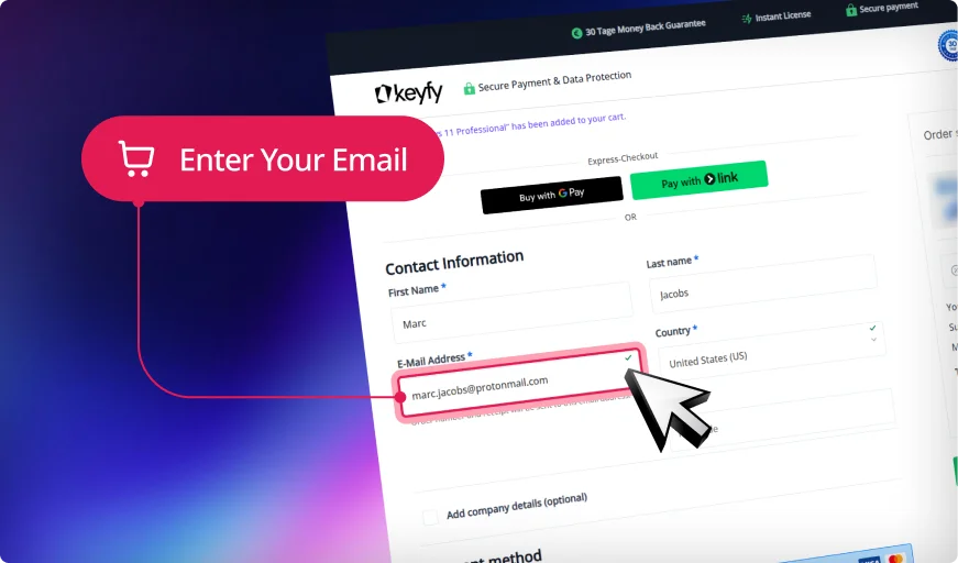 A website checkout form asks for customer information. A pink pop-up with a shopping cart icon points to the email address field, highlighting it with the text Enter Your Email. The background features a purple gradient.