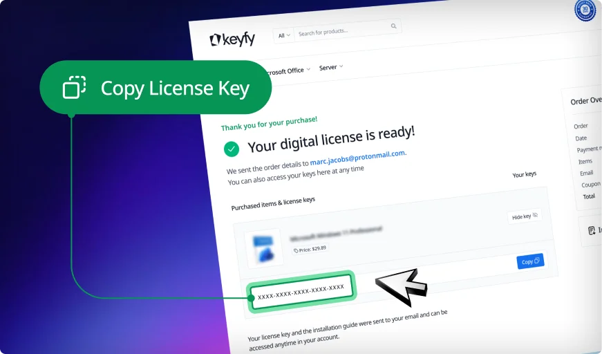A computer screen displays an email from Keyfy with the subject Your digital license is ready. A green popup with an arrow points to a license key and says, Copy License Key.