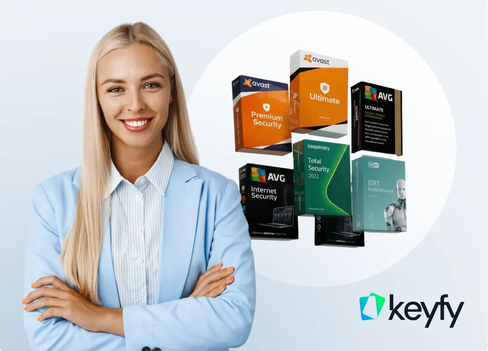 A smiling woman in a blue blazer stands with arms crossed next to images of various antivirus software boxes, including Avast, AVG, Kaspersky, and ESET, with the Keyfy logo displayed in the bottom right corner.