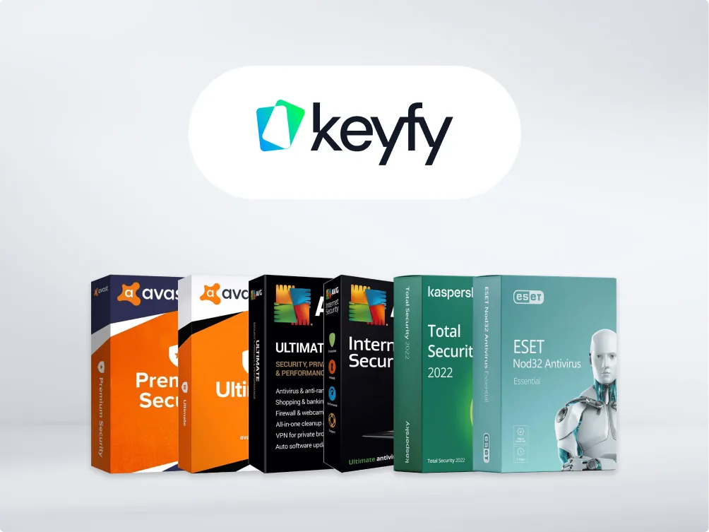 Five antivirus software boxes (Avast, AVG, Kaspersky, and ESET) are displayed in a row below a Keyfy logo on a white background.