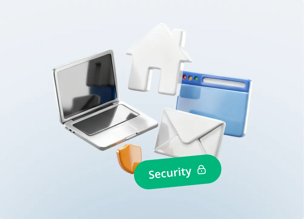 3D icons of a laptop, house, web browser, and envelope surround a green label with a lock icon and the word “Security,” symbolizing digital security and protection.