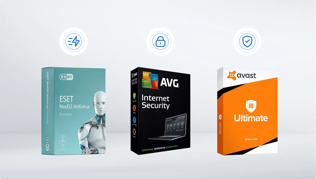 Three antivirus software boxes—ESET NOD32 Antivirus, AVG Internet Security, and Avast Ultimate—are displayed side by side on a light background, each with a security-related icon above it.