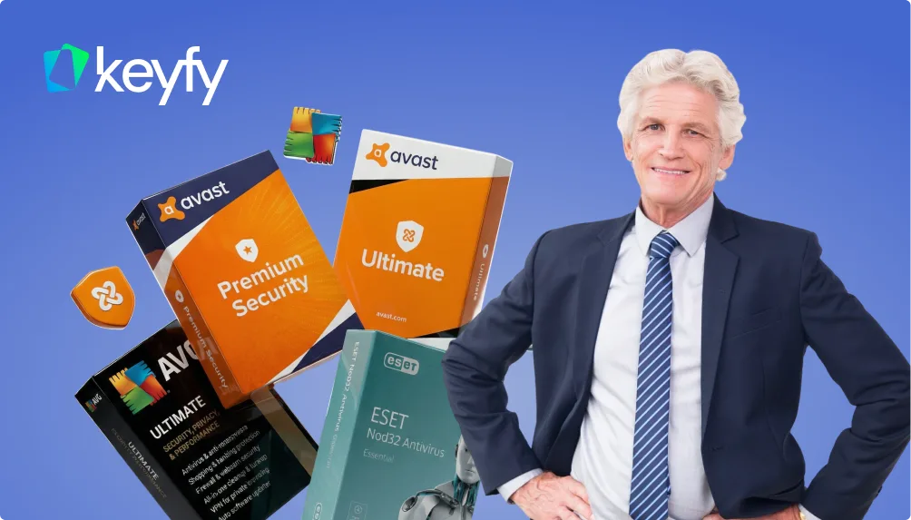 A smiling older man in a suit stands next to antivirus software boxes, including Avast Premium Security, Avast Ultimate, and ESET NOD32 Antivirus. The logo keyfy appears in the top left on a blue background.
