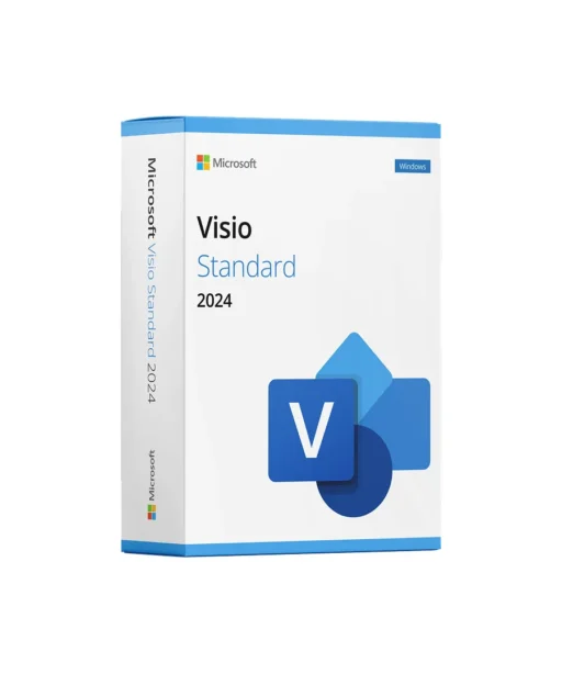 A 3D-rendered box of Microsoft Visio Standard 2024 software, featuring the Visio logo, blue accents, and Microsoft branding on a white background.