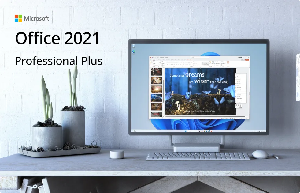 A computer monitor on a desk displays a PowerPoint presentation. Text on the left reads Office 2021 Professional Plus with the Microsoft logo above. Desk decor includes potted plants, a keyboard, and a mouse.