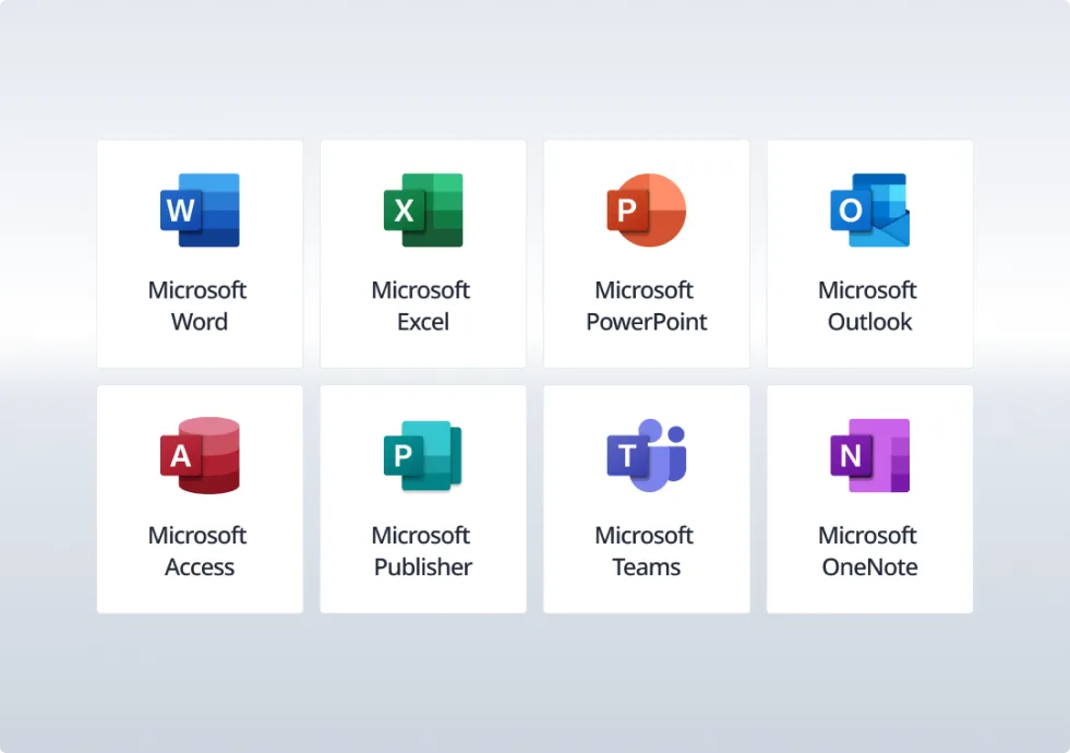 Eight Microsoft Office app icons are shown: Word (blue W), Excel (green X), PowerPoint (orange P), Outlook (blue O), Access (red A), Publisher (green P), Teams (purple people), and OneNote (purple N).