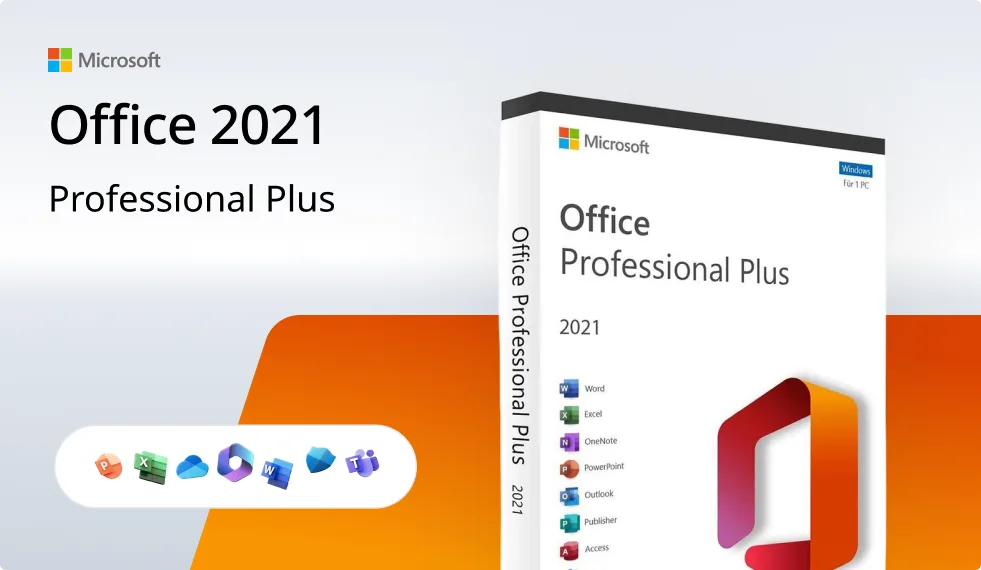 Image of Microsoft Office 2021 Professional Plus retail packaging, showing the product box with its logo and icons for Word, Excel, Outlook, Publisher, Access, OneNote, and PowerPoint on a white and orange background.