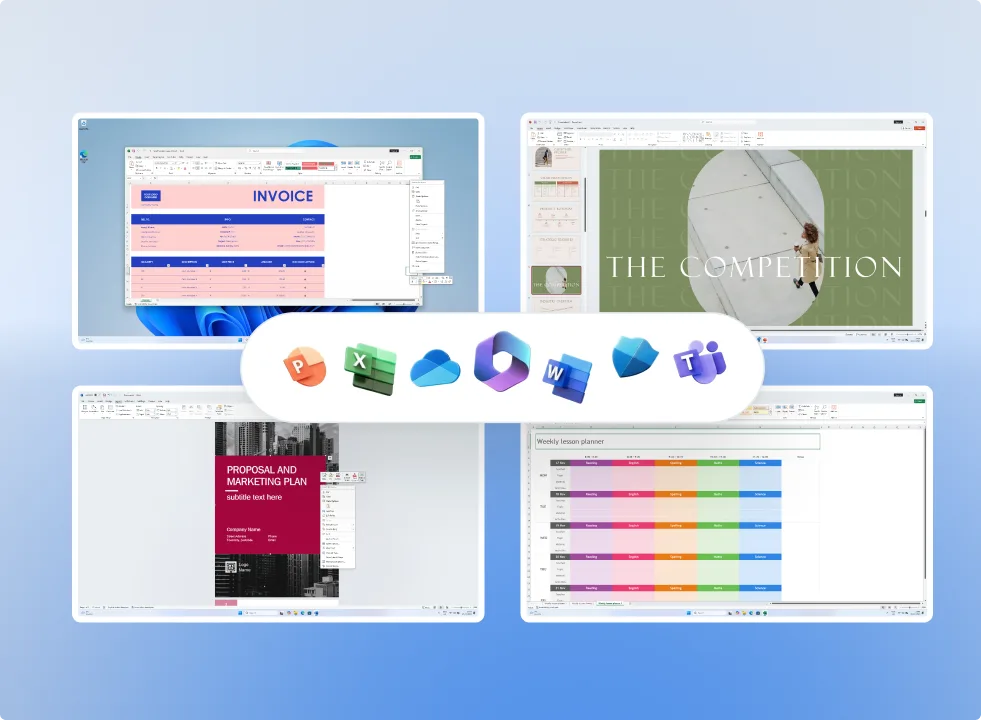 Four computer windows display Microsoft Office apps: Excel (invoice), PowerPoint (proposal), Word (text and umbrella image), and Excel (colorful planner); Office app icons are shown in the center on a light blue background.