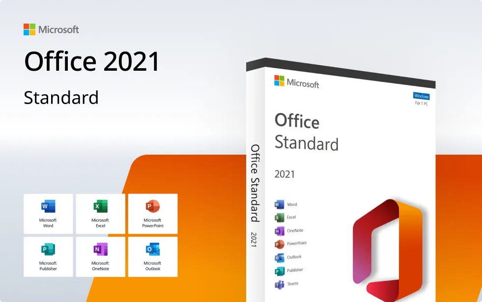 Microsoft Office 2021 Standard retail box is shown on a white and orange background, with icons for Word, Excel, PowerPoint, Outlook, OneNote, Publisher, and Teams displayed at the bottom left.