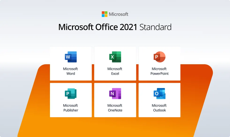 A graphic for Microsoft Office 2021 Standard shows icons for Word, Excel, PowerPoint, Publisher, OneNote, and Outlook, with the Microsoft logo and text above a white and orange background.