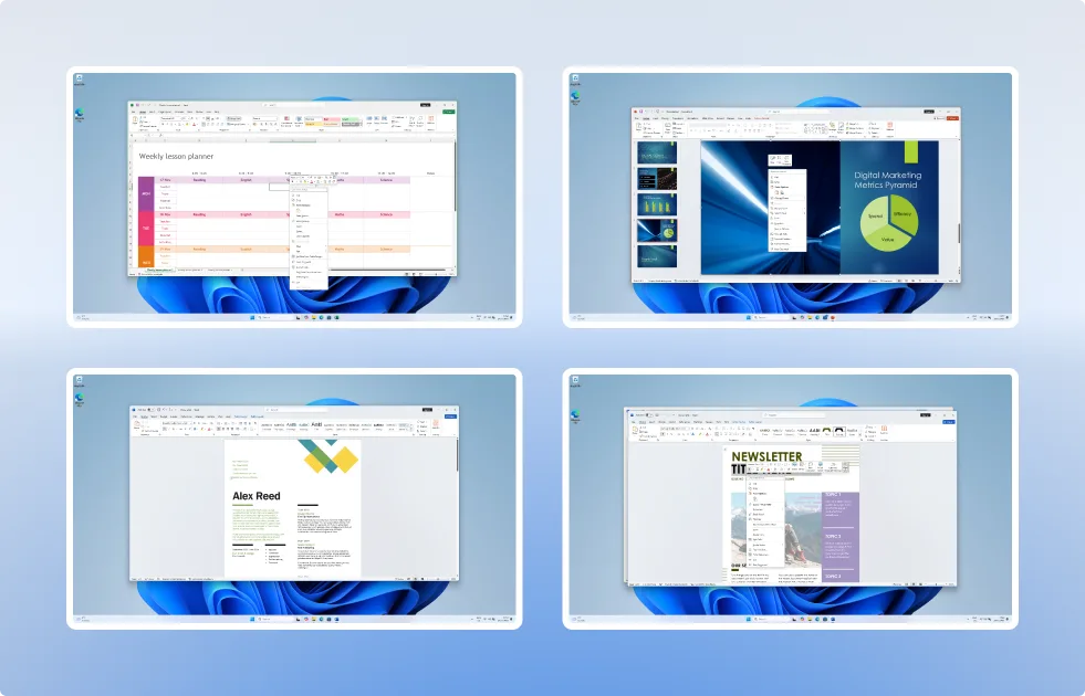 Screenshot showing four open windows on a computer screen: a weekly lesson planner spreadsheet, a presentation with charts, a document titled Alex Reed, and a newsletter layout, all on a light blue desktop background.