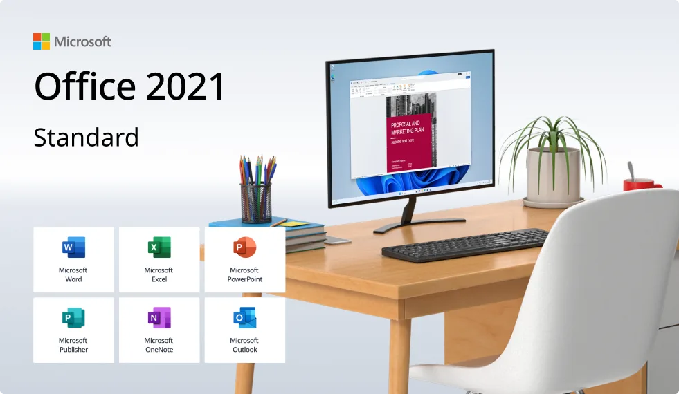 A desk with a computer monitor displaying a document, surrounded by office supplies and a small plant. Text reads Office 2021 Standard with icons for Word, Excel, PowerPoint, Publisher, OneNote, and Outlook.