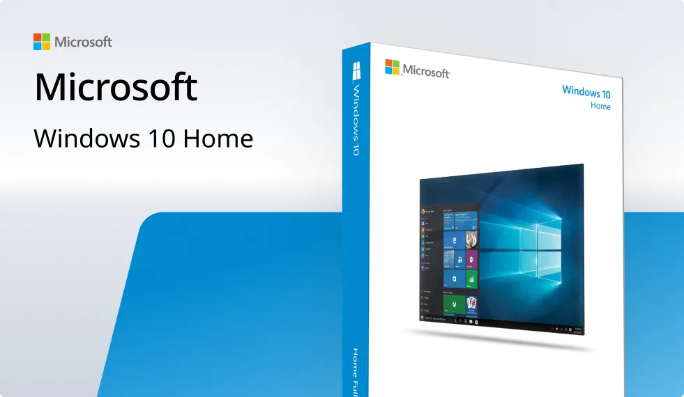 Box packaging for Microsoft Windows 10 Home, featuring the Microsoft logo and an image of the Windows 10 desktop screen on a white and blue background.