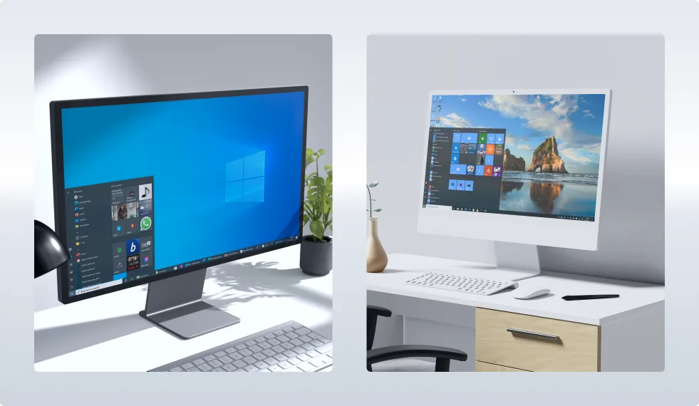 Two modern desktop computers on separate desks, both displaying Windows operating systems. Each setup includes a keyboard, mouse, and minimal desk accessories, with plants visible in the background.