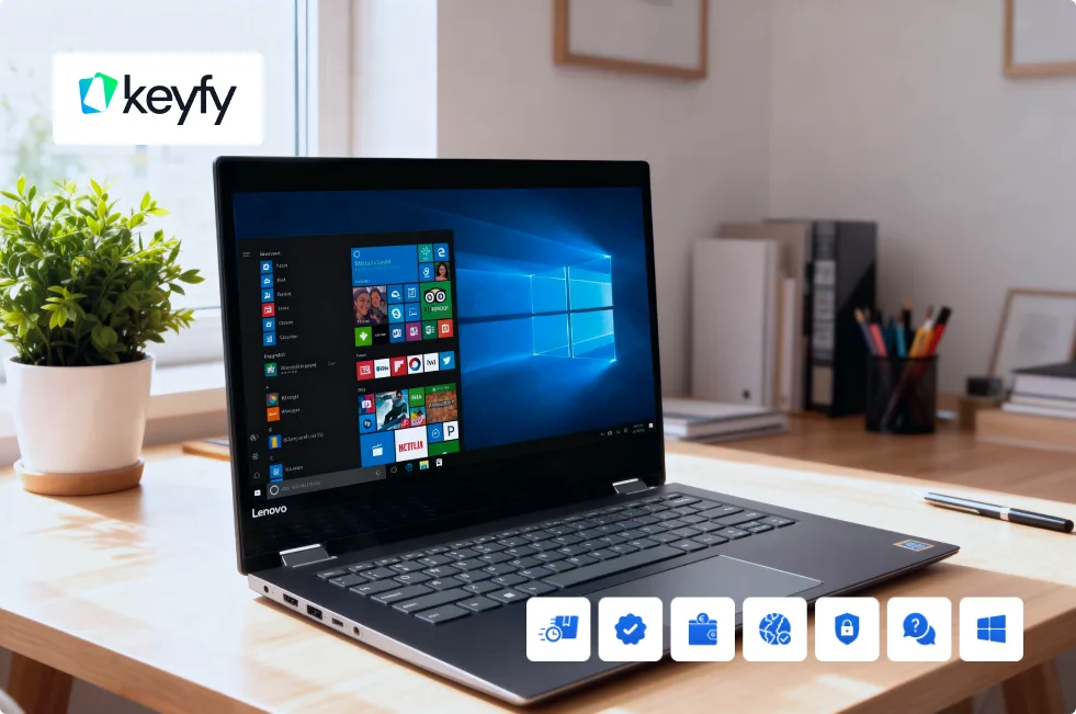 A Lenovo laptop on a wooden desk displays the Windows 10 home screen. The desk has a plant, pen holder, and notebooks. The Keyfy logo and various digital app icons are shown at the bottom of the image.