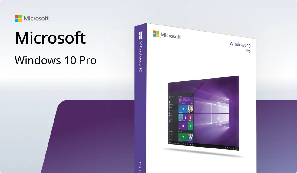 Microsoft Windows 10 Pro retail box with a purple background, showing the Windows 10 logo and a computer screen displaying the Windows 10 desktop interface.