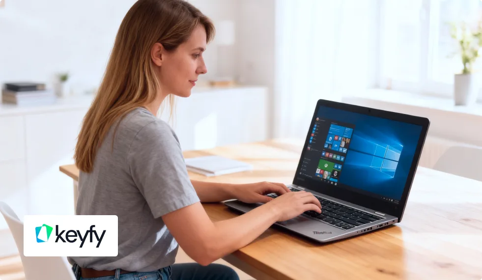A woman sits at a desk using a laptop displaying the Windows 10 home screen. The room is bright and airy, with light-colored furniture. The Keyfy logo appears in the bottom left corner.