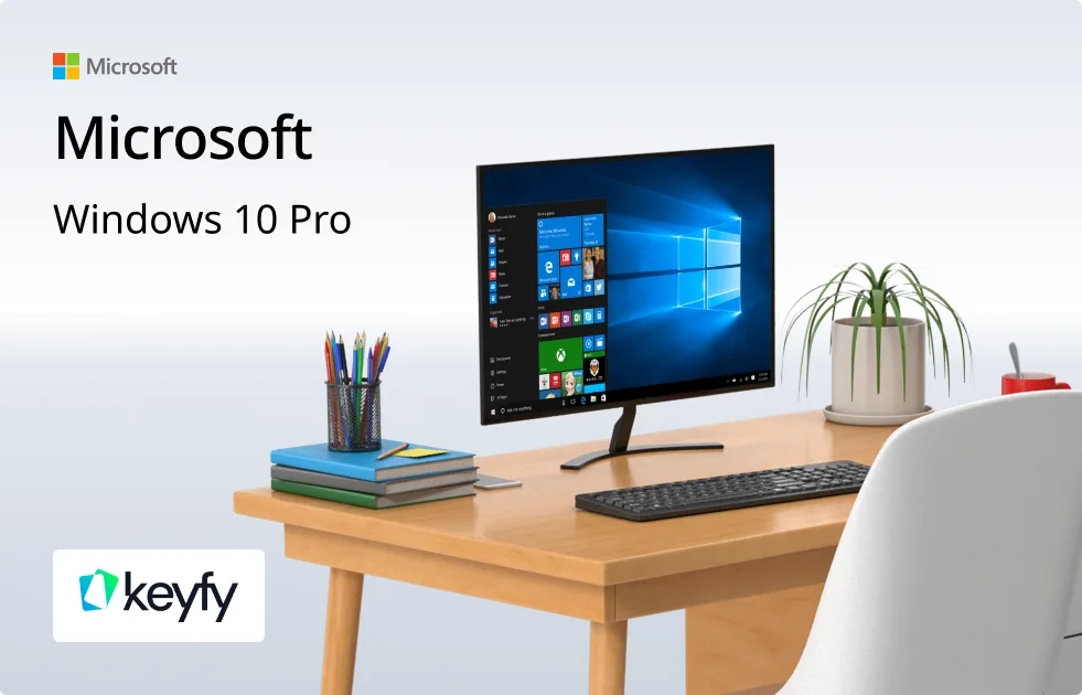 A computer desk with a monitor displaying Windows 10 Pro, a keyboard, mouse, potted plant, books, and pens. The text reads Microsoft Windows 10 Pro and includes the Keyfy logo.