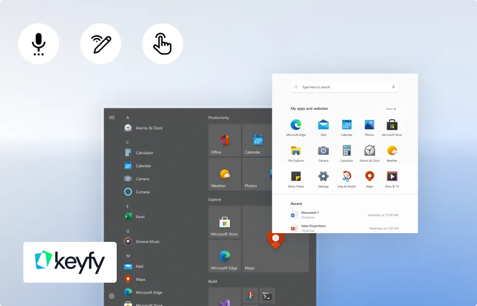 A computer desktop shows the Windows Start menu open with various app icons. Above are icons of a microphone, a tap, and a cursor. The keyfy logo appears in the lower left corner.