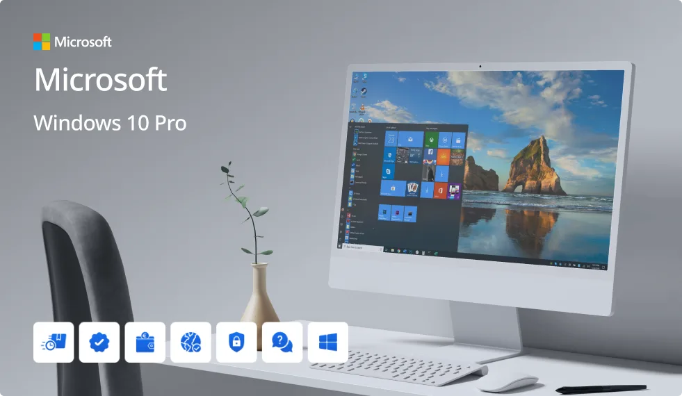 A modern white desktop computer displays the Windows 10 Pro start menu on its screen. Next to it is a gray chair, a white desk, a keyboard, and a small vase with a plant. Microsoft and Windows 10 Pro logos are shown.