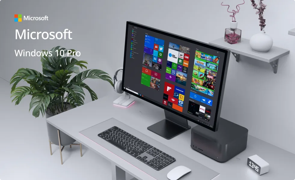 A modern desk setup with a monitor displaying Windows 10 Pro, keyboard, mouse, and potted plant. The Microsoft logo and text Microsoft Windows 10 Pro appear on the left.