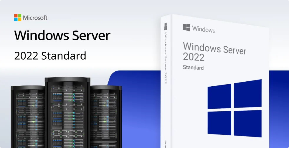Microsoft Windows Server 2022 Standard box with blue Windows logo, next to black server racks, and the text Windows Server 2022 Standard on a white and blue background.