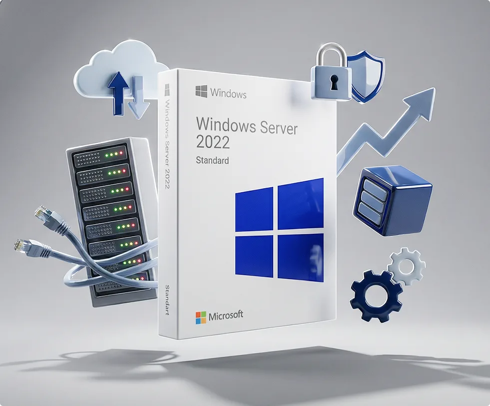 A Windows Server 2022 Standard software box is shown surrounded by floating icons: a cloud, shield, padlock, server cables, server rack, gears, and a folder, symbolizing IT infrastructure and security.