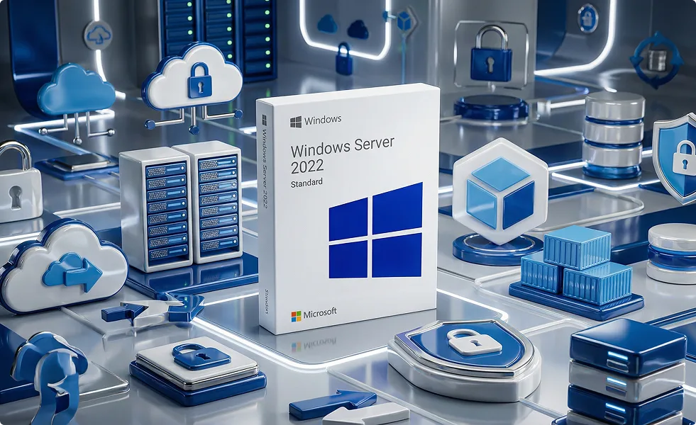 A Windows Server 2022 Standard software box is displayed among 3D icons of locks, clouds, servers, and shields in various shades of blue and silver, representing cybersecurity and cloud computing concepts.