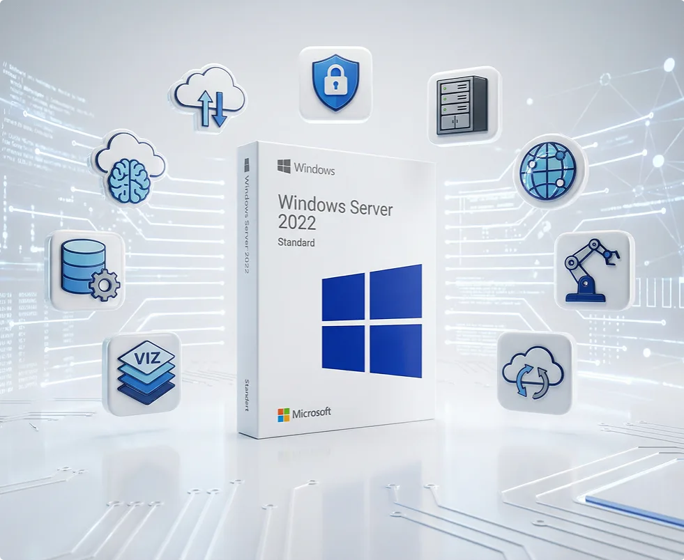 A Windows Server 2022 Standard software box is surrounded by floating icons representing cloud, security, database, analytics, automation, and network features, on a light digital-themed background.