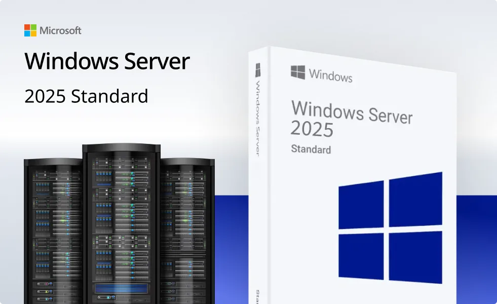 A promotional image for Microsoft Windows Server 2025 Standard showing a product box with the Windows logo and three server racks in the background. The Microsoft logo is at the top left.