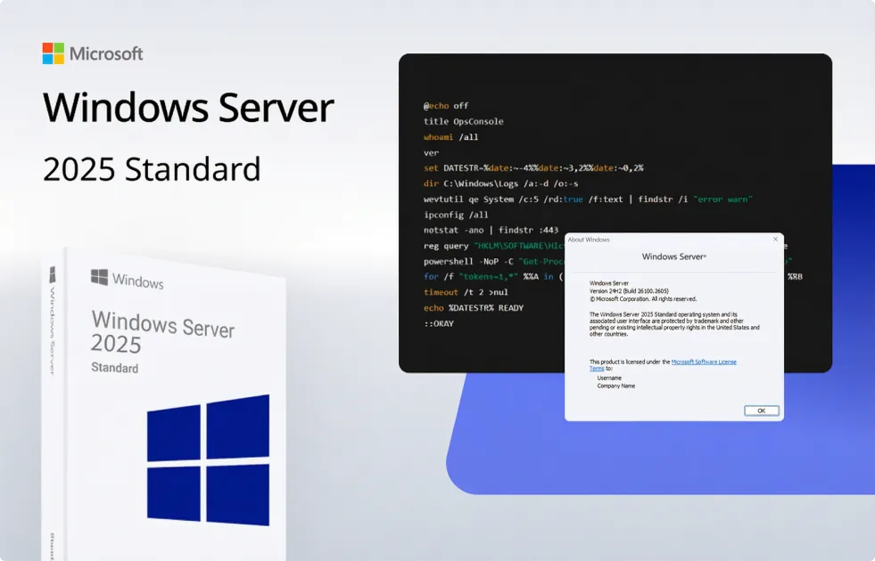 A promotional image for Windows Server 2025 Standard shows the Microsoft logo, a product box, and screenshots of command line and activation windows on a light background.