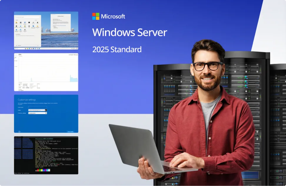 A man with glasses holds a laptop and smiles in front of server racks. The background displays the Microsoft Windows Server 2025 Standard logo and screenshots of the server interface and settings.
