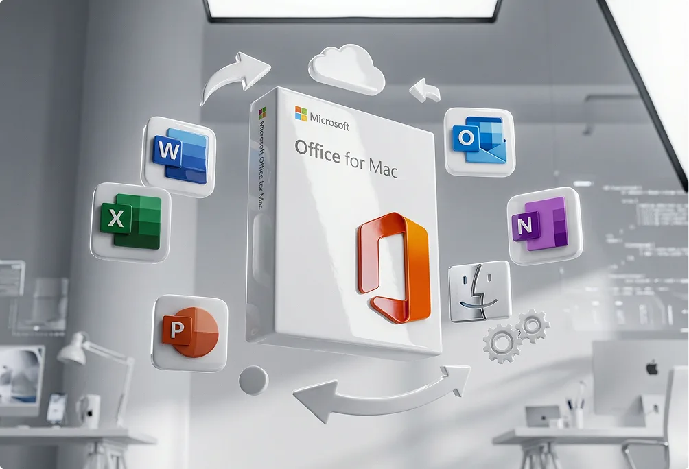 A box of Microsoft Office for Mac is surrounded by floating icons for Word, Excel, PowerPoint, Outlook, and OneNote, with Mac and settings symbols in a modern, gray office setting.