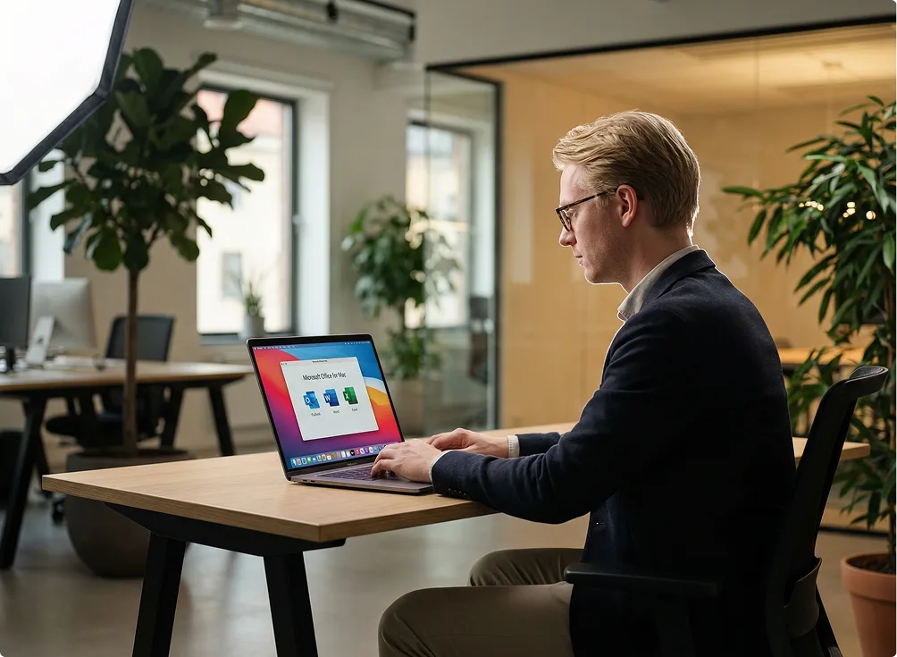 A person with blond hair and glasses sits at a desk in a modern office, working on a laptop displaying Microsoft Office apps. The office has large windows, plants, and glass partitions.