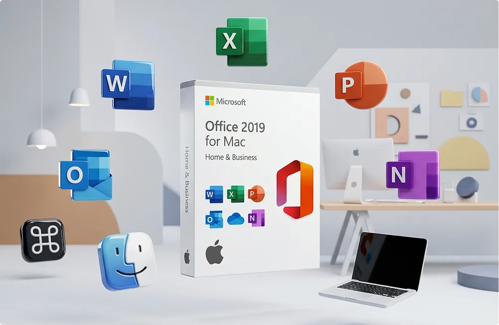 Box of Microsoft Office 2019 for Mac surrounded by floating app icons (Word, Excel, PowerPoint, Outlook, OneNote, Finder, Command key) with a laptop and abstract office background.